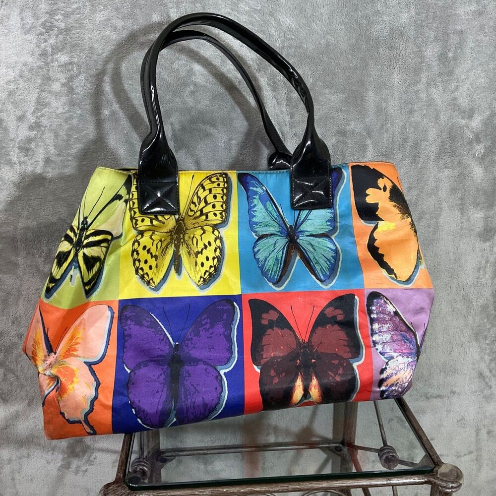 ABBI/Butterfly Print faux paten leather handles satin Tote Bag Retro mod Boho